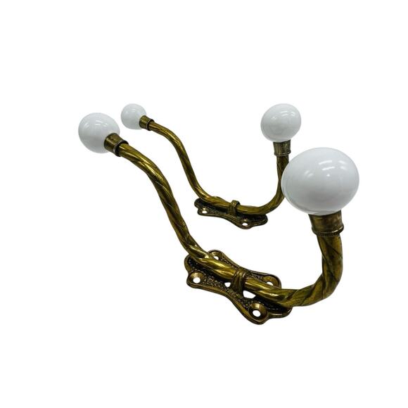 VTG Brass 2 Hook Porcelain Knobs Twisted Wall Mount Coat Towel Bag Hanger French
